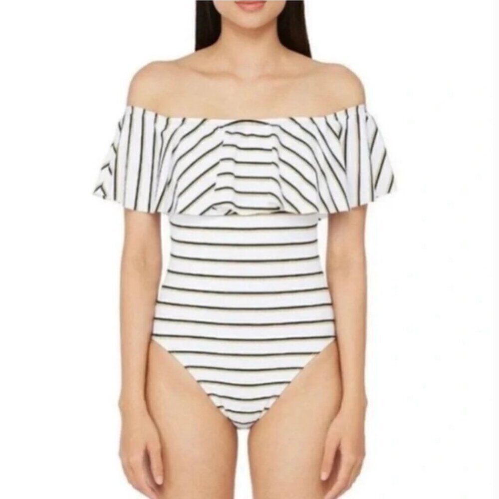 Lauren Ralph Lauren Ruffle Striped Off Shoulder One Piece Swimsuit Metallic